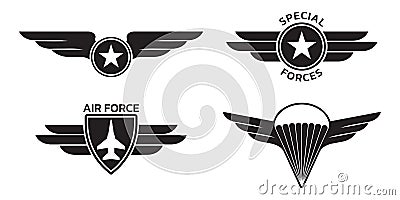 Military badge, army patch and insignia set with wings. Air and airforce emblems with eagle, star and plane. Vector illustration. Vector Illustration